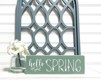 Hello Spring Sign, Farmhouse Decor, Small Block Sign, Spring Wood Sign, Shelf Sign, Seasonal Spring Decor
