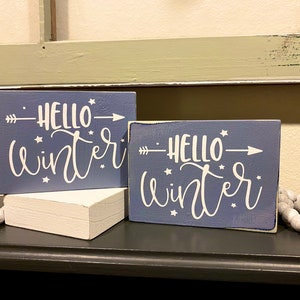 Hello Winter Sign, Wood Winter Sign, Winter Mini Sign, Tiered Tray Decor, Blue Winter Sign, Seasonal Winter Decor
