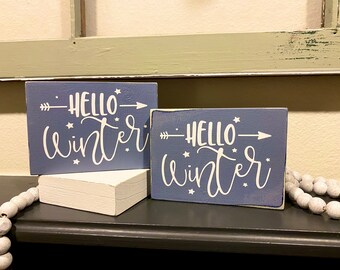 Hello Winter Sign, Wood Winter Sign, Winter Mini Sign, Tiered Tray Decor, Blue Winter Sign, Seasonal Winter Decor