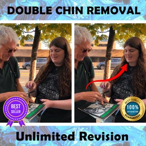 May include: Image promoting double chin removal. The image shows a before and after comparison of a person's neck, with an arrow indicating the change. Text includes "Double Chin Removal" and "Unlimited Revision."