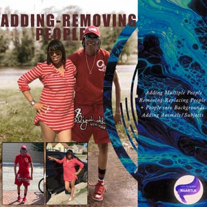 Pode incluir: Duas pessoas vestindo camisas e shorts vermelhos estão em frente a um fundo azul e verde. O texto "Adding-Removing People" está no topo da imagem. O texto "Adding Multiple People, Removing-Replacing People + People into Backgrounds, Adding Animals/Subjects" está do lado direito da imagem. O texto "Let's Fly Artistic RioARTLK" está na parte inferior direita da imagem.