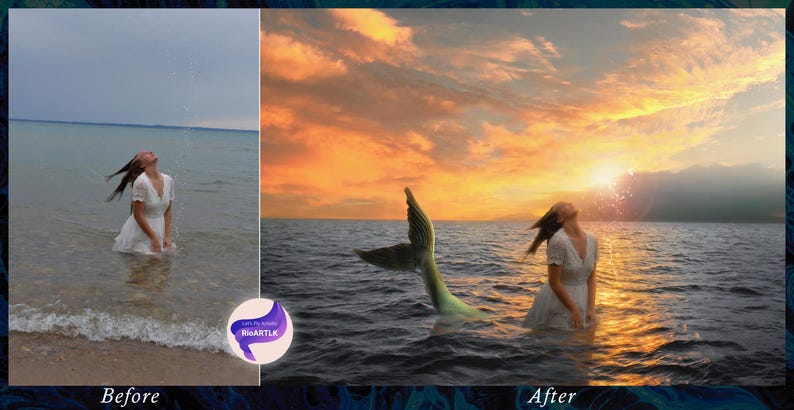 Op de afbeelding: Een vrouw in een witte jurk staat in het water met haar armen omhoog. De achtergrond is een zonsondergang boven de oceaan. De vrouw heeft een zeemeerminstaart.
