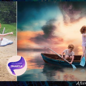 Op de afbeelding: Twee kinderen houden roeispanen vast in een blauwe boot op een meer. De lucht is een levendige mix van roze, oranje en blauw met pluizige wolken. Het water is kalm blauw met reflecties van de lucht.
