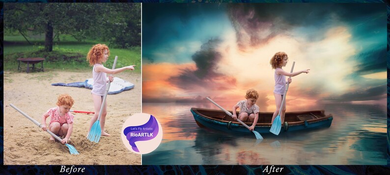 Op de afbeelding: Twee kinderen houden roeispanen vast in een blauwe boot op een meer. De lucht is een levendige mix van roze, oranje en blauw met pluizige wolken. Het water is kalm blauw met reflecties van de lucht.