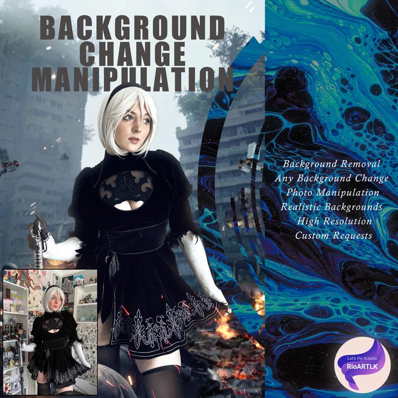 Op de afbeelding: Een vrouw in een zwart-witte jurk met een futuristisch ontwerp staat voor een verwoeste stad. De tekst "BACKGROUND CHANGE MANIPULATION" staat bovenaan de afbeelding. De tekst "Background Removal, Any Background Change, Photo Manipulation, Realistic Backgrounds, High Resolution, Custom Requests" staat aan de rechterkant van de afbeelding. De tekst "Let's Fly Artistic RioARTLK" staat rechtsonder in de afbeelding.