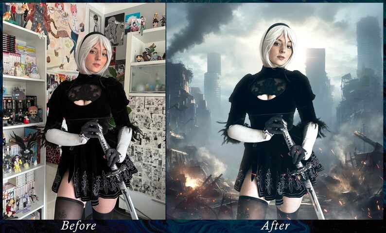 Op de afbeelding: Een vrouw in een zwart-wit cosplay-outfit met een zwaard. De achtergrond is een post-apocalyptische stadsgezicht.