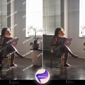 May include: A young girl sits on a chair and reads a book. She is wearing a light blue dress with a floral pattern. The chair is yellow and the floor is wooden. There is a potted plant with white flowers in the background.