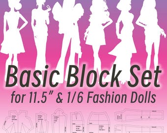 May include: A Basic Block Set for 11.5" & 1/6 fashion dolls featuring white silhouettes of six different doll figures against a purple and pink gradient background, with black text and various sewing pattern templates for doll clothing.