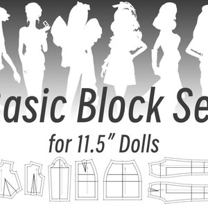 May include: A set of basic sewing patterns for 11.5" dolls. The patterns include a bodice, a sleeve, a skirt, and pants. The patterns are printed on white paper and are ready to be cut out and sewn.