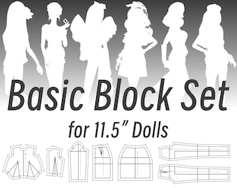 May include: A set of basic sewing patterns for 11.5" dolls. The patterns include a bodice, a sleeve, a skirt, and pants. The patterns are printed on white paper and are ready to be cut out and sewn.