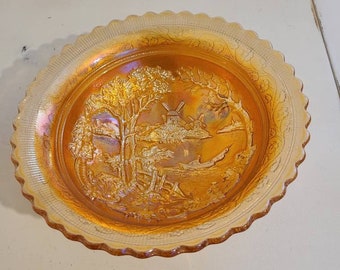 vintage Double Dutch Windmill Marigold Carnival Bol en verre
