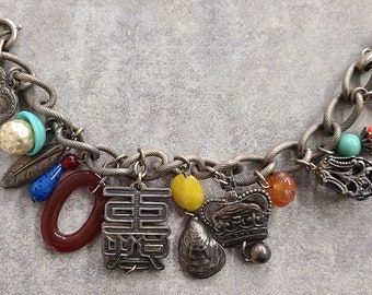 Napier Silver Charm Bracelet - Asian Character Charm, Shell Charm, Crown Charm, Bead Charms - Vintage Chunky Charm Bracelet