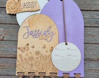 BOHO Arch Hospital door hanger with Birth stat + Hospital bracelet holder | Custom Made Sign