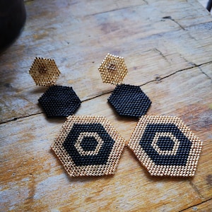 long Earrings, Hexagonal Earrings, Handmade jewelry, Gift Earrings, Gold and black Earrings, Geometric Earrings, Artisan Earrings.