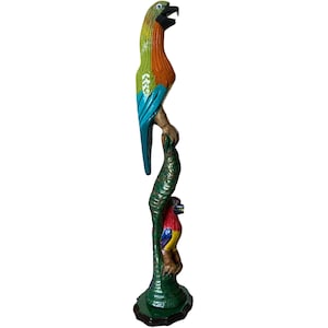 35” Tall Hand Carved, Hand Painted Dual Design Wood Parrot, Wooden Birds Resting On Tree Branches