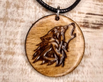 Howling Wolf engraved wood charm cord necklace