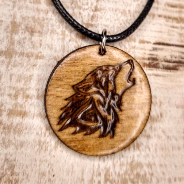 Howling Wolf engraved wood charm cord necklace