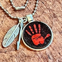 Native American Red Hand Mmiw Symbol Wood Engraved Metal Bezel Pendant ...