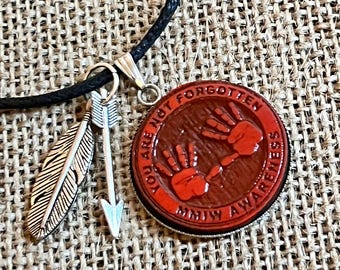 Native Red Hand MMIW awareness you are not forgotten wood engraved metal bezel pendant black cord necklace with metal charms and clasp