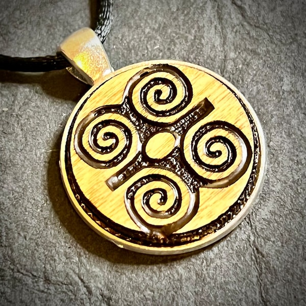 Cherokee symbol for strength, stained wood engraved metal bezel pendant adjustable satin cord necklace