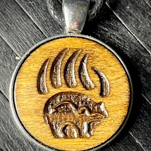 Native Bear engraved wood 1 inch charm cord necklace..