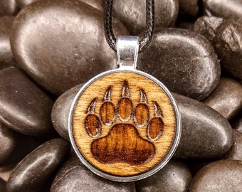 Bear paw.... engraved wood charm cord necklace...