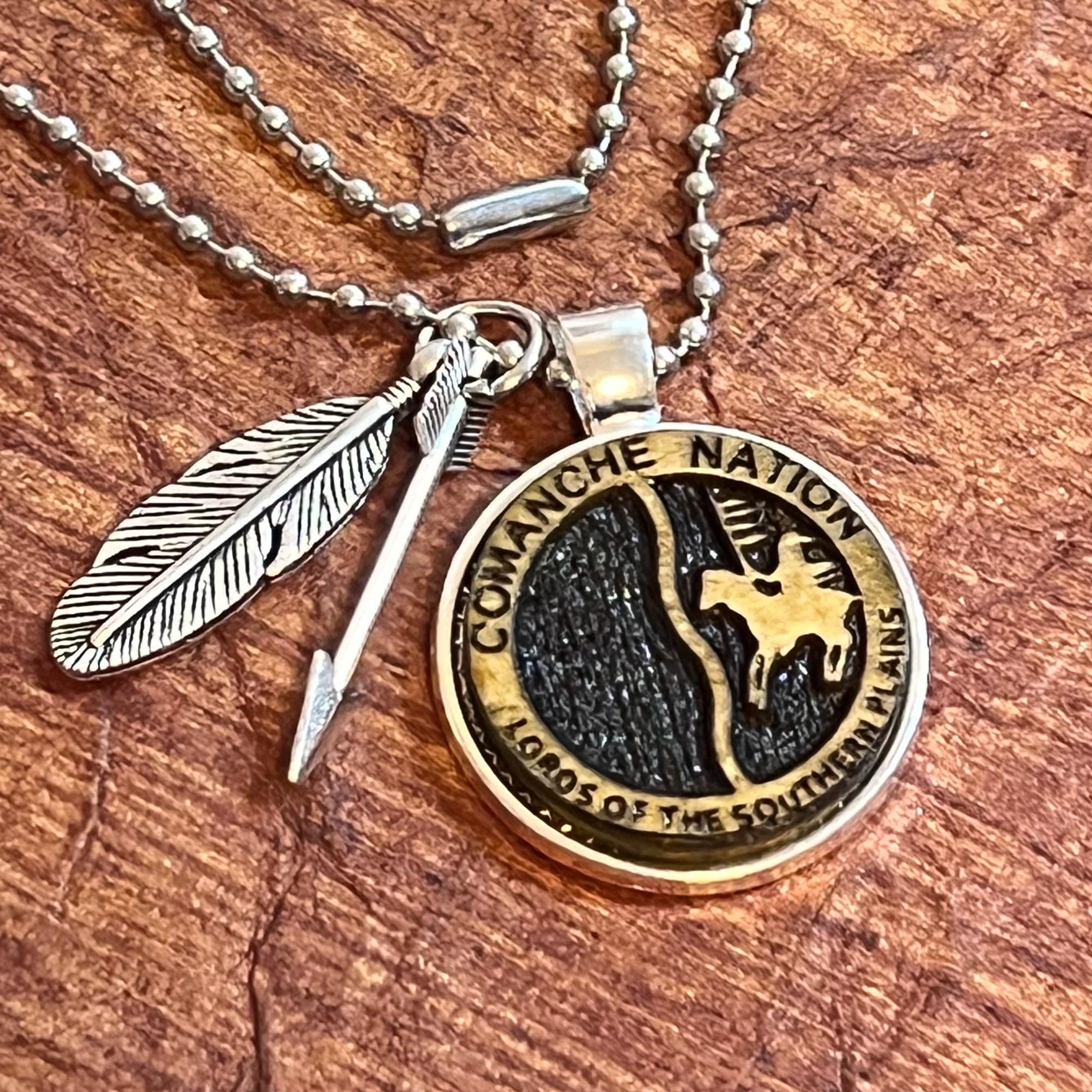 Comanche nation wood engraved Metal bezel pendant ball chain necklace with charms