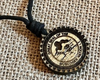 Muscogee nation wood engraved 2 sided pendant charm adjustable black cord minimalist necklace
