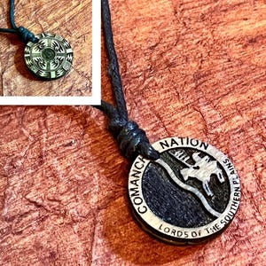 Comanche nation wood engraved pendant  2 sided charm black cord necklace with clasp