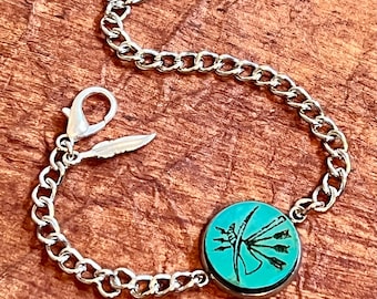 Choctaw Nation inspired wood engraved metal bezel stainless steel chain bracelet with feather charm and clasp