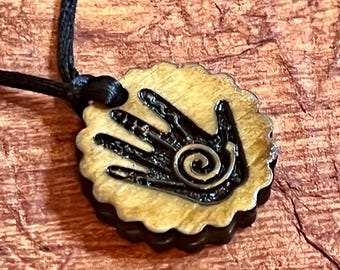 Native medicine hand wood 2 sided engraved pendant charm adjustable black satin cord minimalist necklace