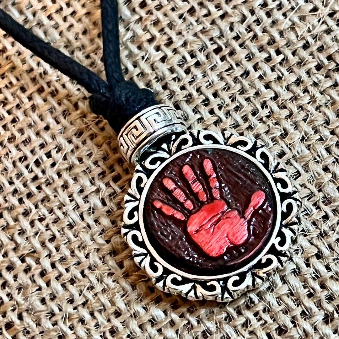 Native Red Hand Mmiw Symbol Engraved Wood Metal Bezel Pendant Charm ...