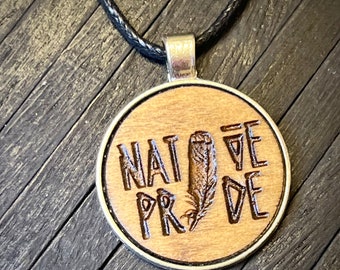 Native Pride engraved wood charm cord necklace..