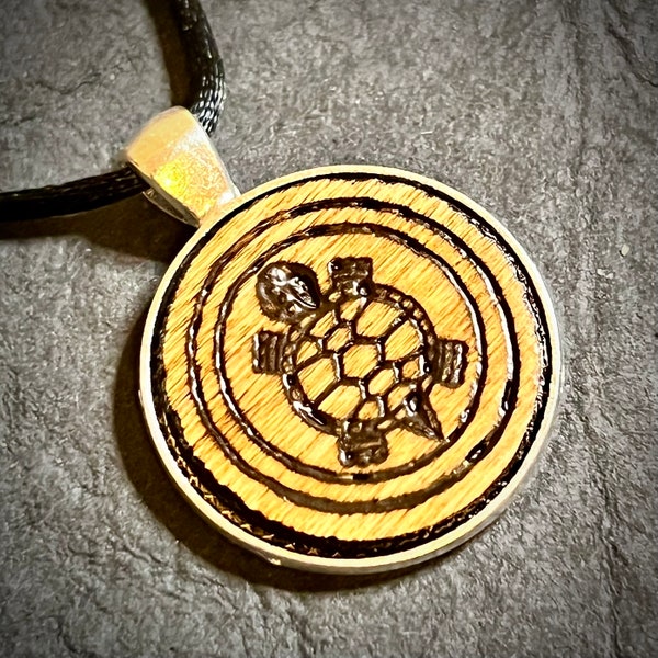 Cherokee symbol for adaptability stained wood engraved metal bezel pendant adjustable satin cord necklace