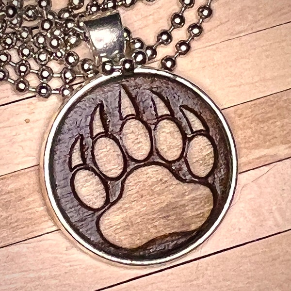 Bear Paw engraved wood charm chain necklace.