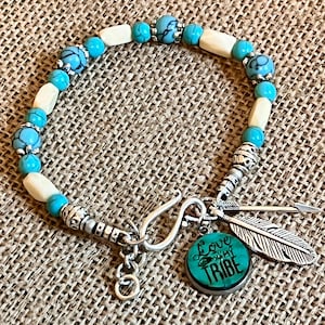 Native American inspired hematite turquoise and bone beads love my tribe wood engraved metal bezel, feather and arrow charms bracelet