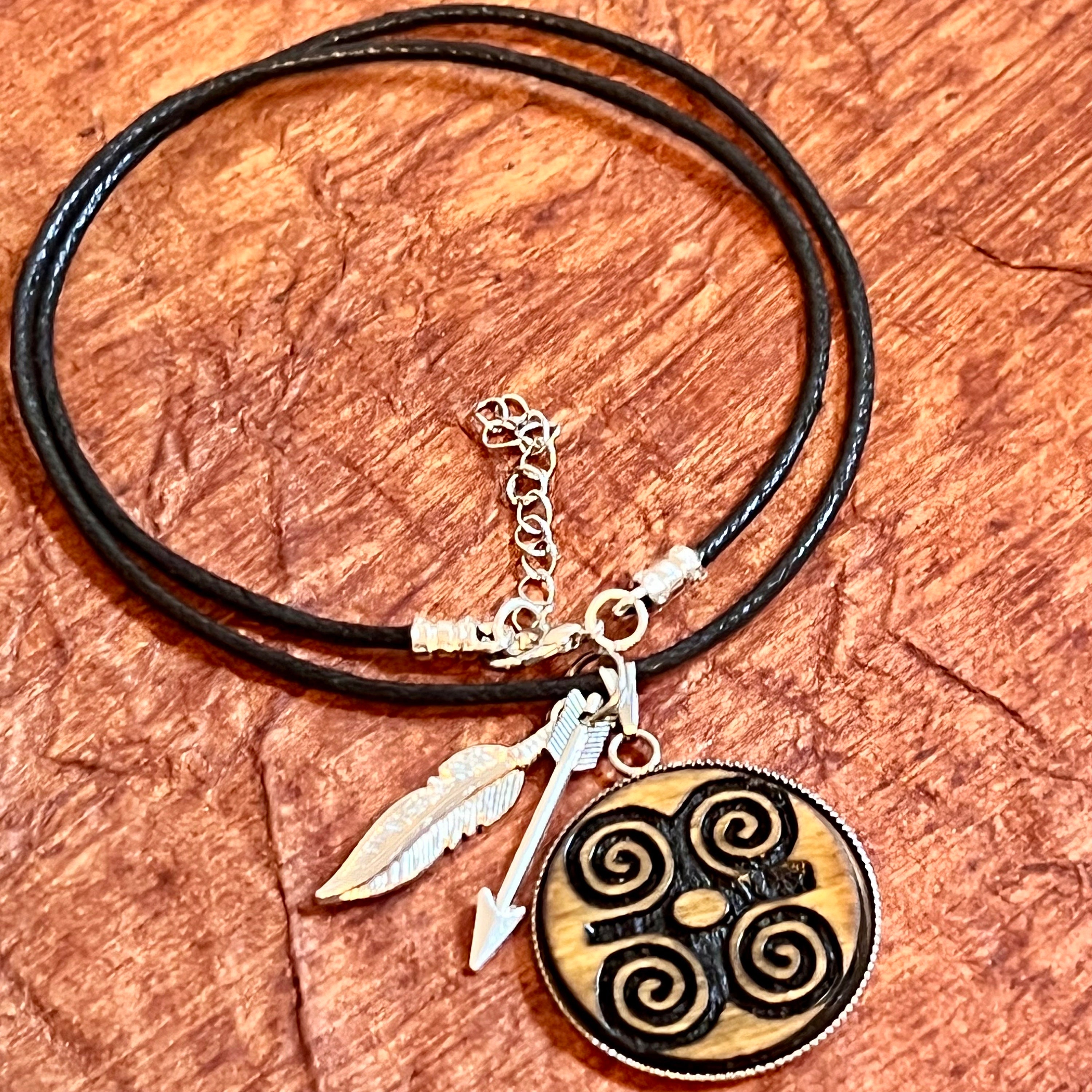 Cherokee Symbol for Strength Wood Engraved Metal Bezel Pendant