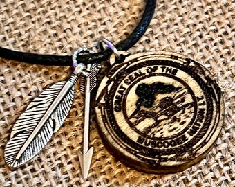 Muscogee Nation seal 2 sided wood engraved pendant feather and arrow charms adjustable black cord minimalist necklace