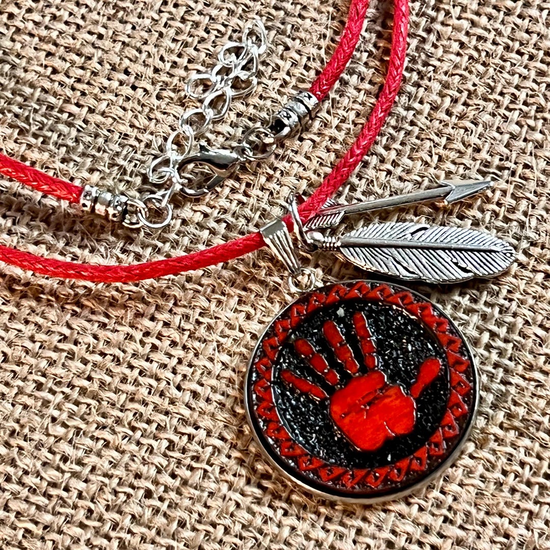 Red Hand Designs Native Native American Red Hand MMIW Wood Engraved Metal Bezel Pendant Red ...