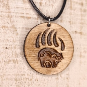 Bear spirit animal engraved wood charm cord necklace..