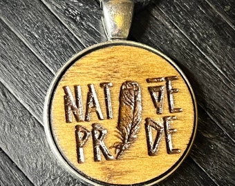 Native Pride engraved wood charm cord necklace..