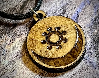 Cherokee symbol for harmony wood engraved pendant cord adjustable necklace