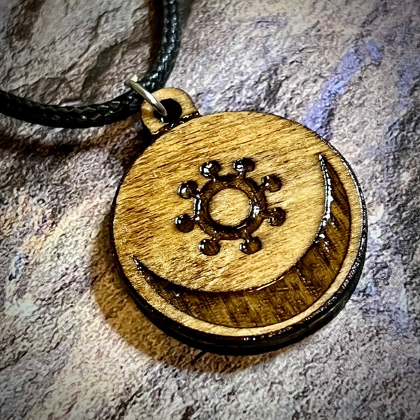 Cherokee symbol for harmony wood engraved pendant cord adjustable necklace