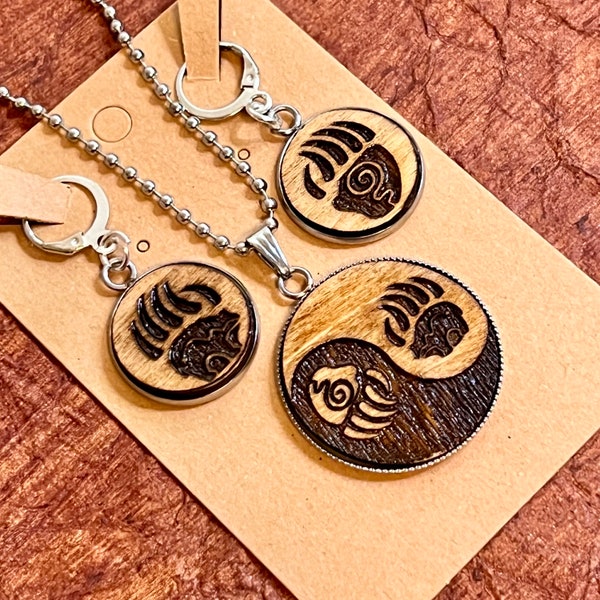 Native bear paw inspired wood engraved metal bezel earring and chain necklace set