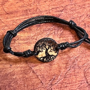 Tree of life all wood pendant engraved adjustable cord bracelet
