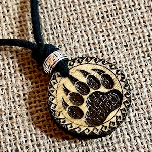 Native bear paw symbol wood engraved pendant metal bead adjustable black waxed cord necklace