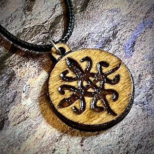 Cherokee symbol for unity in diversity wood engraved pendant cord adjustable necklace