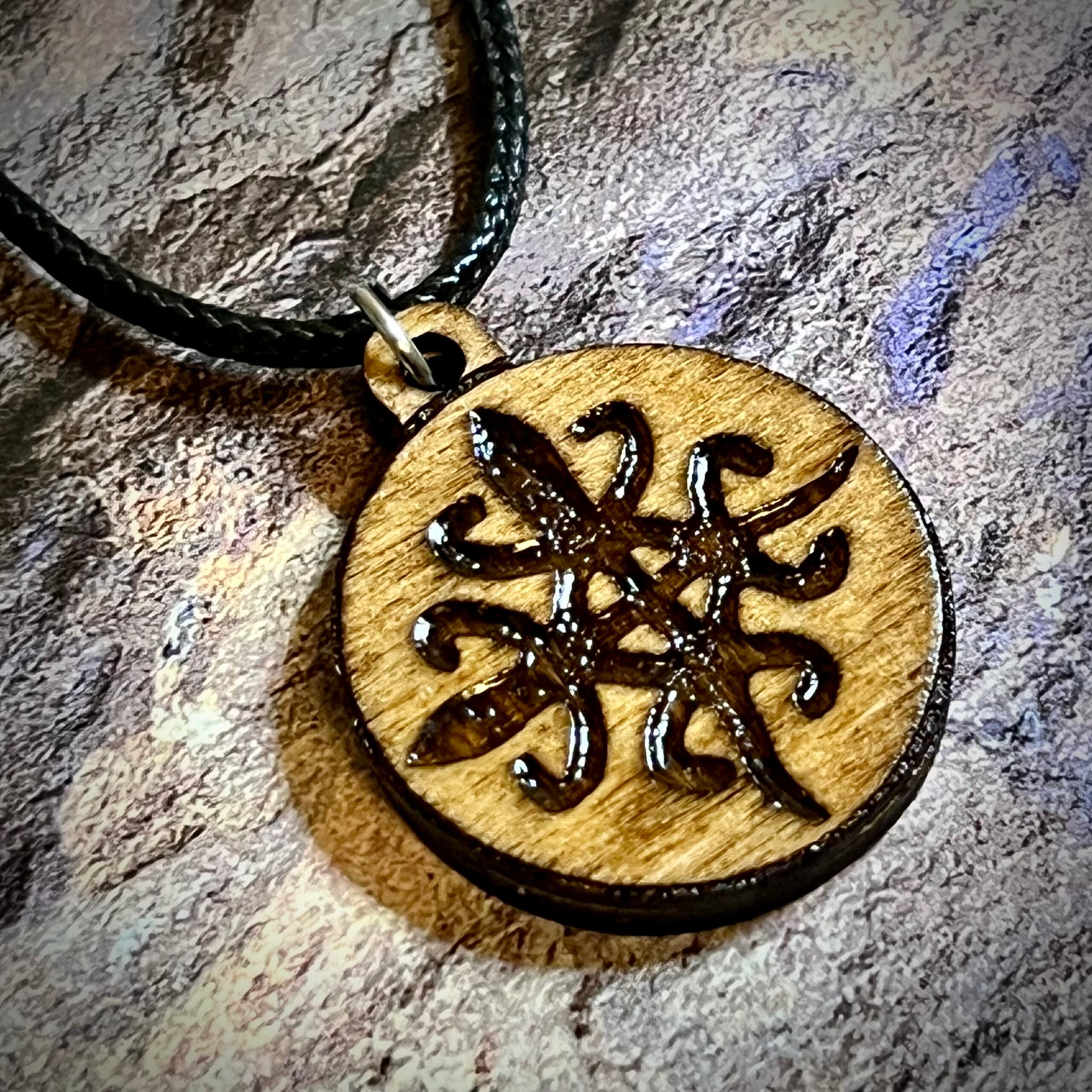 Cherokee symbol for unity in diversity wood engraved pendant cord adjustable necklace