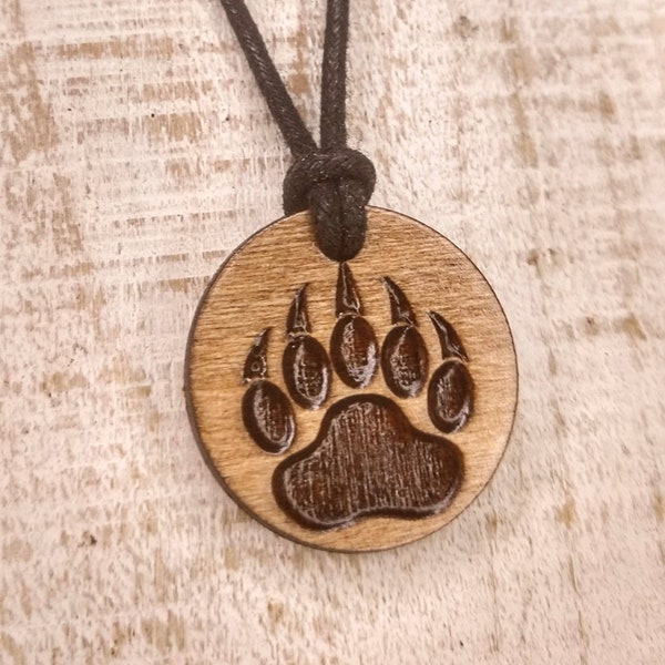 Bear paw print engraved wood charm cord necklace