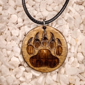 Bear paw engraved wood charm cord necklace